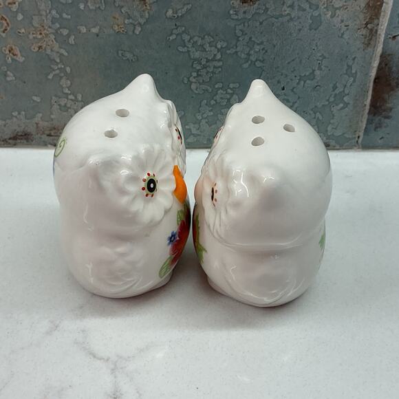 Salt and Pepper Shaker Set Glazed Ceramic Floral Owls 2 inch Tall - Picture 5 of 8